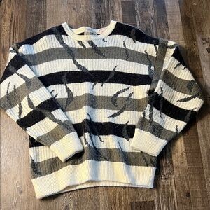 Men's V-Neck Stripe Sweater in Cream, Black & Gray